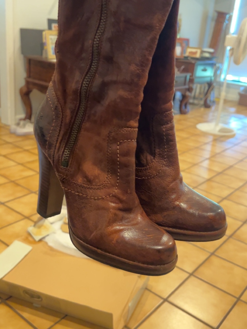 Frye Distressed Brown Leather High Heel Zip Knee Boots